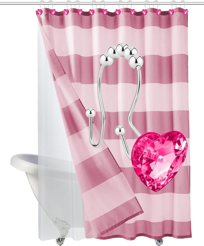 Yapicoco Shower Curtain Hooks Rings for Bathroom, 12PCS Heart Stainless Steel Rust Resistant Decorative Rhinestones Shower Curtain Rings Hangers for Shower Curtains (Double Hook Hot Pink) - Image 5